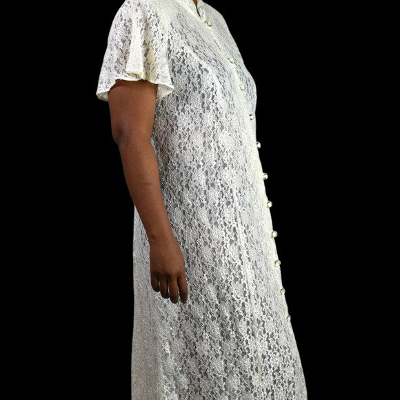 Vintage Lace Midi Dress White Ivory Button Front 80s Sheer Corset Lacing Medium - Picture 15 of 16